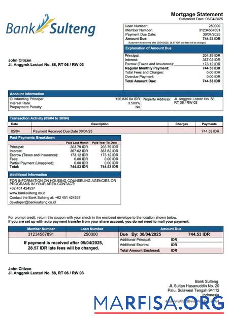 Blank Indonesia Bank Sulteng mortgage statement Word and PDF template